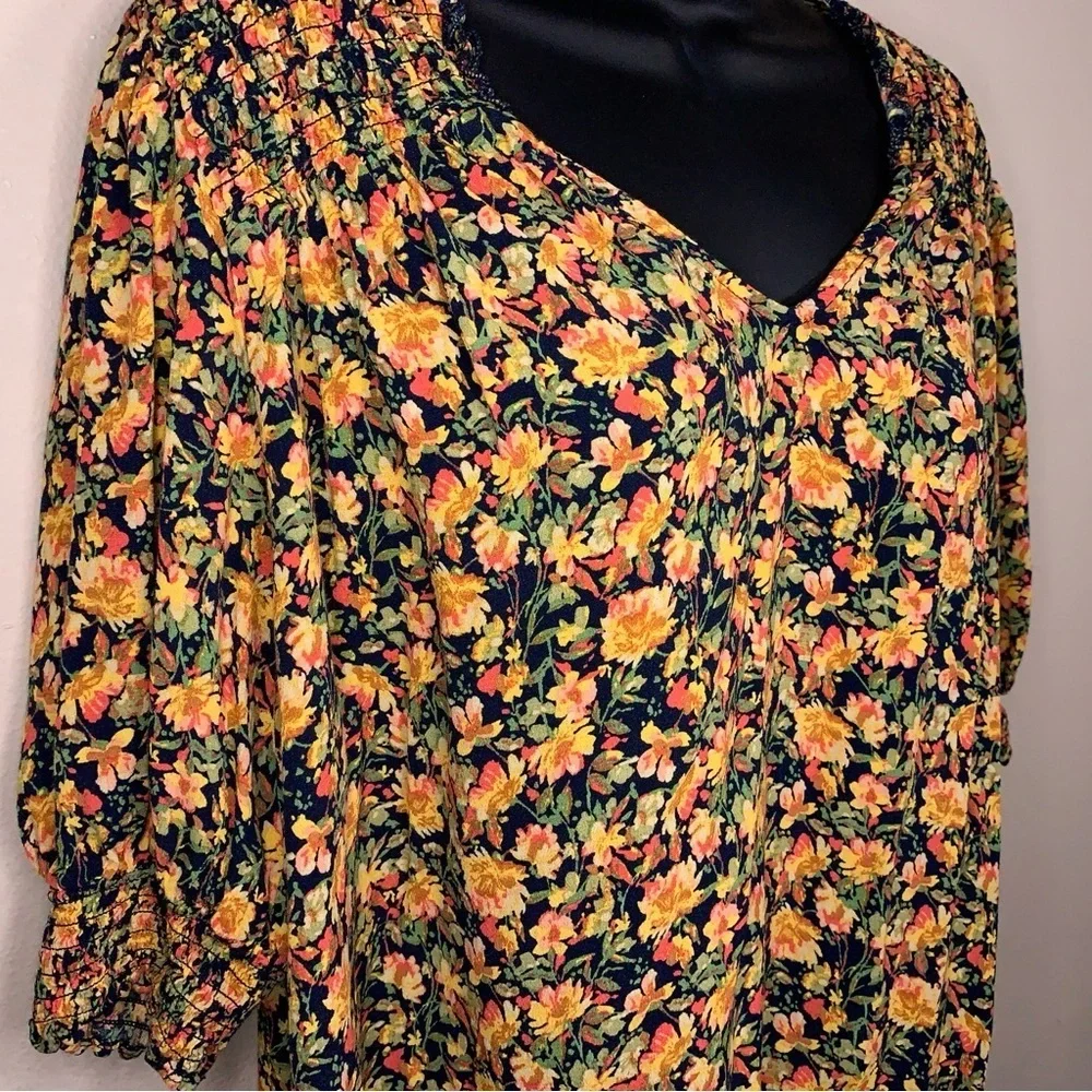 1X Terra And Sky Colorful Floral Peasant Top Orange Yellow Black Sweetheart Neck